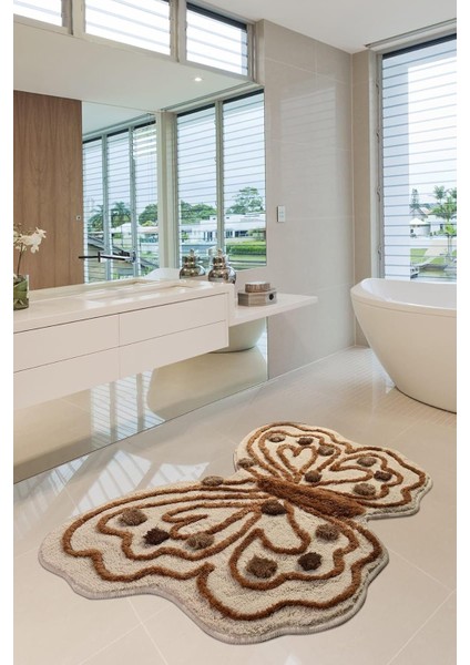 Kelebek Kahve 70X120 cm Banyo Halısı Yıkanabilir, Kaymaz Taban Yıkanabilir, Kaymaz Taban