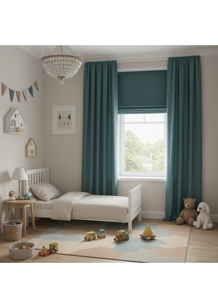 Düz Fon Perde- Petrol Mavisi - Pilesiz Düz Dikim - PT4242