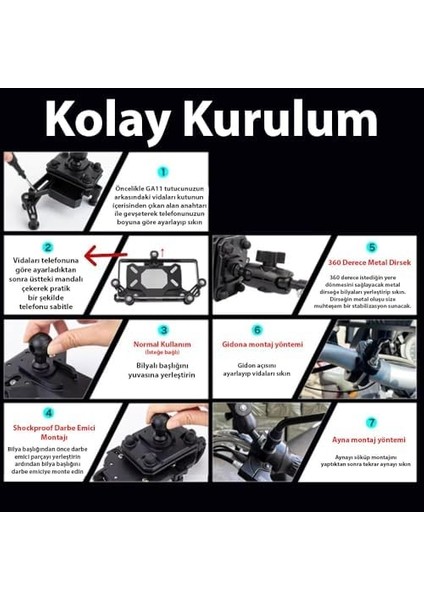 GA11 Motosiklet Bisiklet Telefon Tutucu Ister Ayna Ister Gidon Tuttur Ikisi Bir Arada Şok Emici Damperli (Shockproof, Gidon ve Ayna Montajı) modelleri