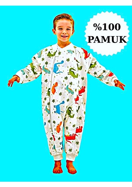 Elyafsız Organik Kışlık Uzun Kol Çift Kat %100 Pamuk Pazen Dinozorlu Cocuk Bebek Uyku Tulumu