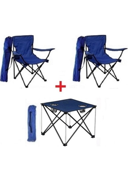 2 Adet Mavi / Lacivert Katlanır Kamp Sandalyesi 1 Adet Masa Piknik Çantalı