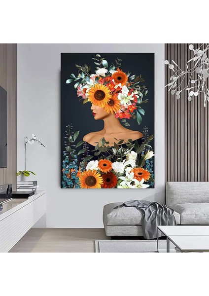 Çiçekli Kadın Kanvas; Gül Başlı Kadın Tablosu; Çiçek Sanatı