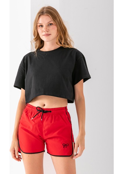 Kadın Beli Ayarlanabilir Kurdele Nakışlı Deniz Şortu Kırmızı - 25Y 5402 fiyatları