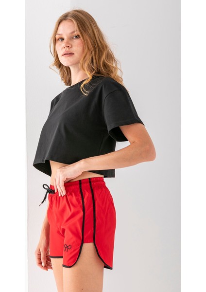 Kadın Beli Ayarlanabilir Kurdele Nakışlı Deniz Şortu Kırmızı - 25Y 5402 modelleri