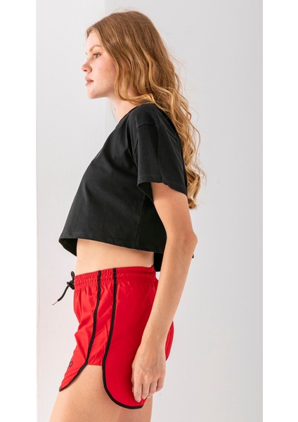 Kadın Beli Ayarlanabilir Kurdele Nakışlı Deniz Şortu Kırmızı - 25Y 5402 fırsatları