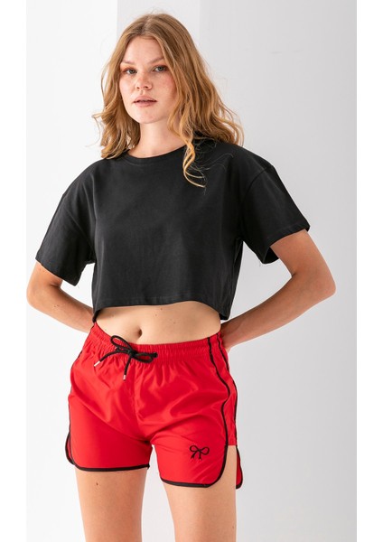 Kadın Beli Ayarlanabilir Kurdele Nakışlı Deniz Şortu Kırmızı - 25Y 5402 indirimleri