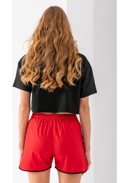 Kadın Beli Ayarlanabilir Kurdele Nakışlı Deniz Şortu Kırmızı - 25Y 5402