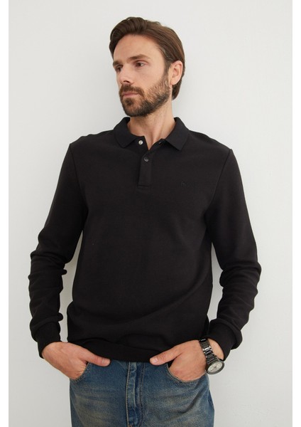 Fitilli Polo Yaka Düğmeli Sweatshirt