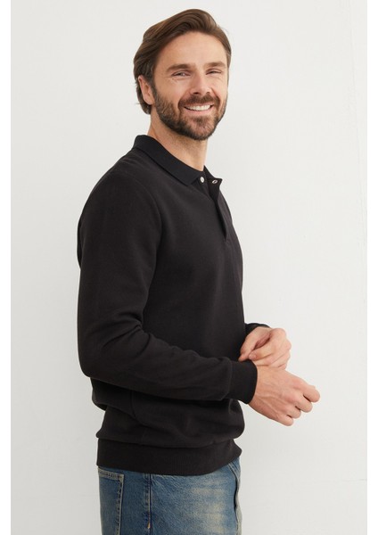 Fitilli Polo Yaka Düğmeli Sweatshirt