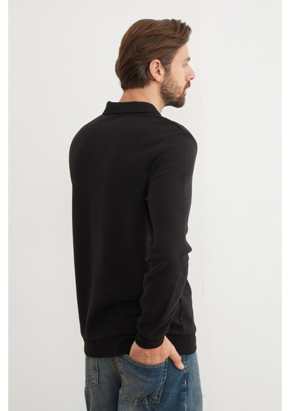 Fitilli Polo Yaka Düğmeli Sweatshirt