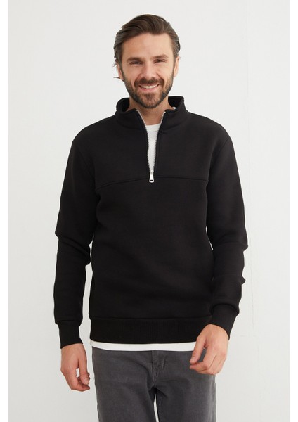 3 Iplik Basic Dik Yaka Yarım Fermuarlı Sweatshirt