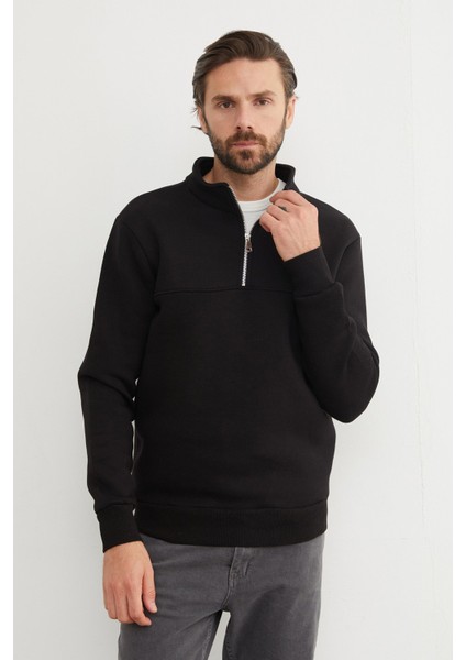 3 Iplik Basic Dik Yaka Yarım Fermuarlı Sweatshirt