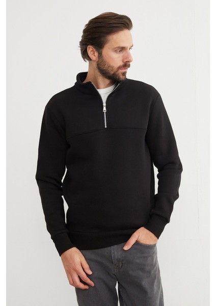 3 Iplik Basic Dik Yaka Yarım Fermuarlı Sweatshirt