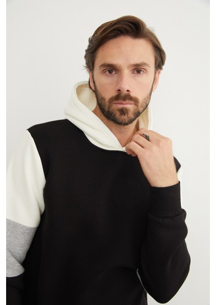 3 Iplik Kolu Renk Bloklu Kapüşonlu Sweatshirt