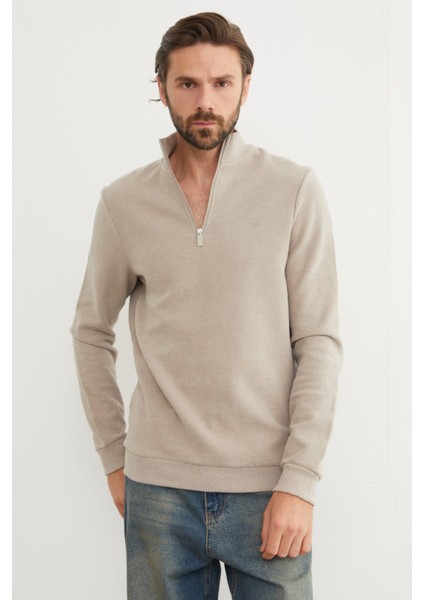Fitilli Dik Yaka Yarım Fermuarlı Sweatshirt