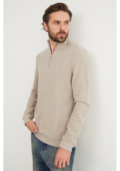 Fitilli Dik Yaka Yarım Fermuarlı Sweatshirt