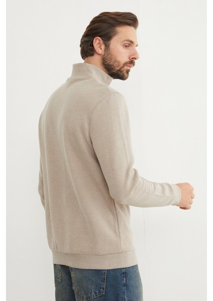 Fitilli Dik Yaka Yarım Fermuarlı Sweatshirt