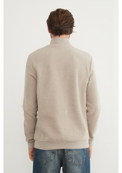 Fitilli Dik Yaka Yarım Fermuarlı Sweatshirt