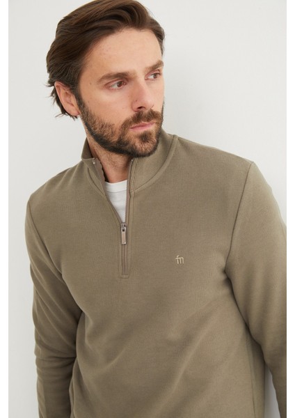 Fitilli Dik Yaka Yarım Fermuarlı Sweatshirt