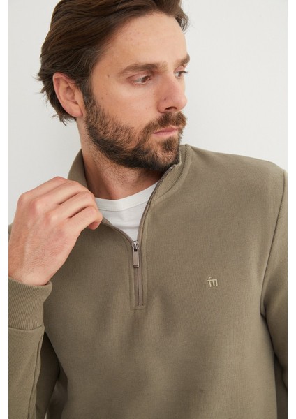 Fitilli Dik Yaka Yarım Fermuarlı Sweatshirt