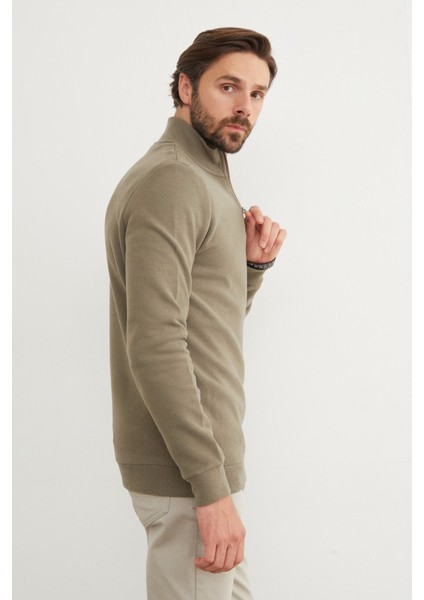 Fitilli Dik Yaka Yarım Fermuarlı Sweatshirt