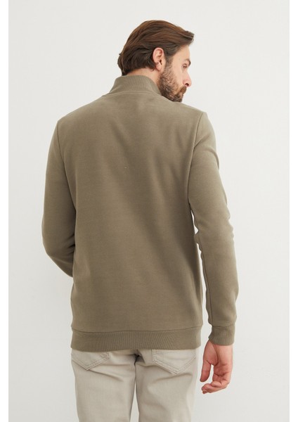 Fitilli Dik Yaka Yarım Fermuarlı Sweatshirt