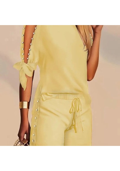 Kadın Kısa Kollu Bisiklet Yaka Yarı Açık Omuz Inci Detaylı Short Tshirt Viskon Ikili Takım