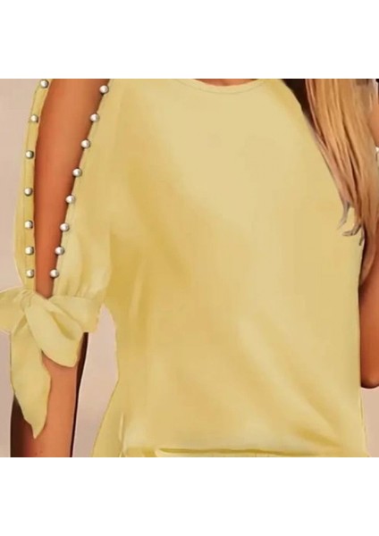 Kadın Kısa Kollu Bisiklet Yaka Yarı Açık Omuz Inci Detaylı Short Tshirt Viskon Ikili Takım fiyatları