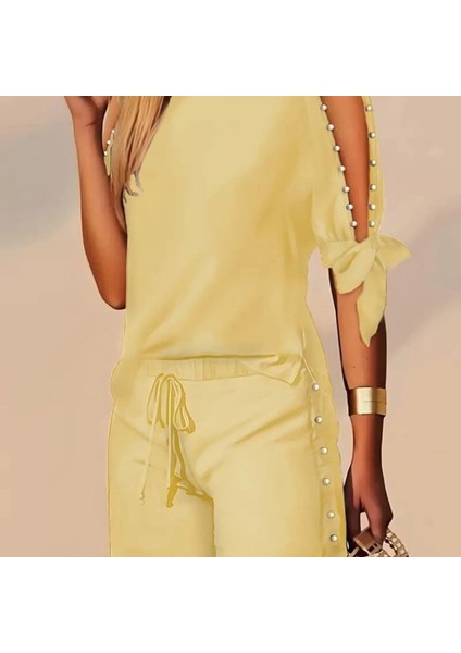 Kadın Kısa Kollu Bisiklet Yaka Yarı Açık Omuz Inci Detaylı Short Tshirt Viskon Ikili Takım modelleri