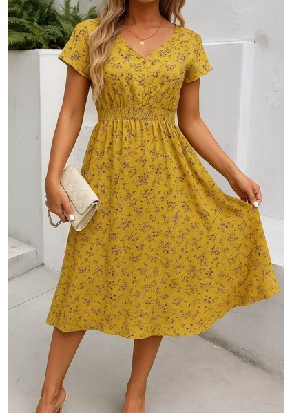 Kadın Kısa Kollu Kruvaze Yaka Beli Lastikli Çiçek Desenli Elbise