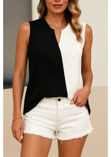 Kadın Kolsuz V Yakalı Blok Renkli Ithal Krep Bluz