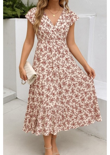 Kadın Kısa Kollu Kruvaze Yaka Beli Lastikli Çiçek Desenli Elbise