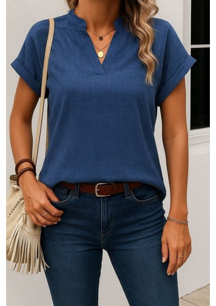 Kadın Kısa Kollu Hakim Yaka Sofya Bluz