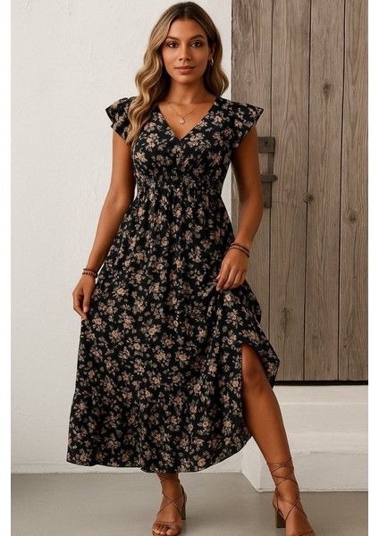 Kadın Kısa Kollu Kruvaze Yaka Beli Lastikli Çiçek Desenli Elbise