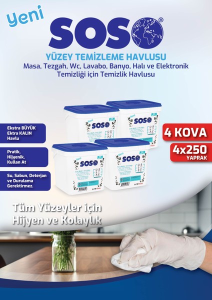 4 Adet x 250 Yaprak - Soso Kova Beyaz Sabun Kokulu Sirkeli Karbonatlı Yüzey Temizleme Mendili Lzwdr