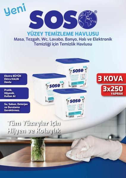 3 Adet x 250 Yaprak - Soso Kova Beyaz Sabun Kokulu Sirkeli Karbonatlı Yüzey Temizleme Mendili Lzwdr