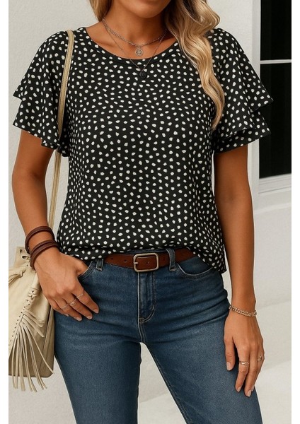 Kadın Kısa Kollu Kolları Volanlı Baskılı Süprem Bluz