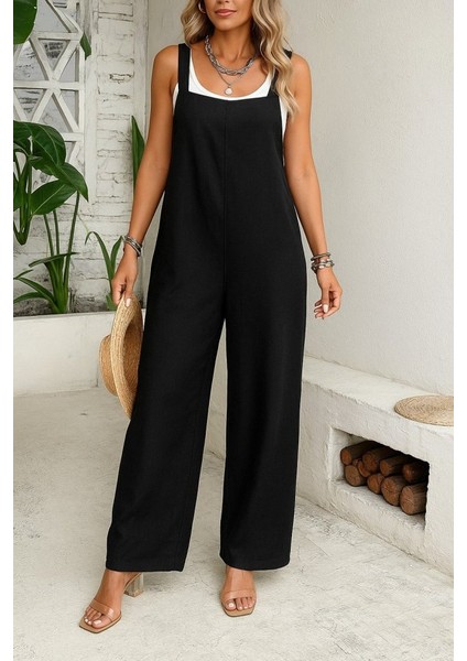 Kadın Askılı Yandan Fermuarlı Geniş Paçalı Valencia Tulum