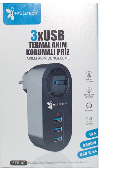 Akım Korumalı Tekli Priz - Akıllı Akım Dengeleme - 3xusb - Isıya Karşı Dayanıklı (5047)