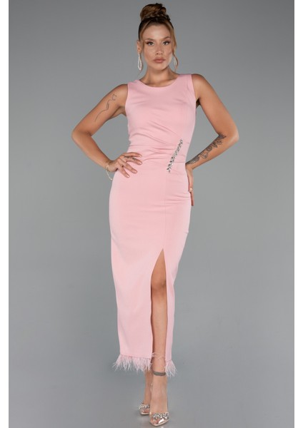 Kolsuz Yırtmaçlı Midi Davet Elbisesi ABK2169