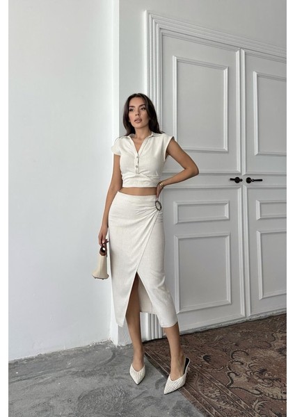 Bej Keten Gömlek ve Etek Takım modelleri