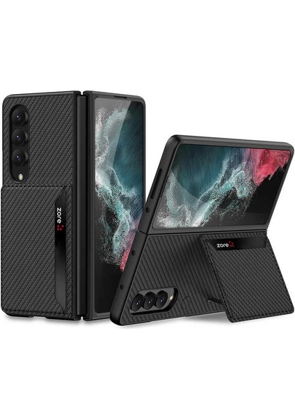 Galaxy Z Fold 4 Kılıf Karbonfiber Arka Yüzey Lüks Kartlıklı Kıpta Silikon Kapak