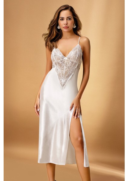 7136 Battal Kadın Saten Uzun Gecelik