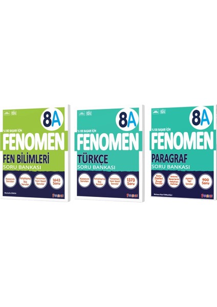 Fenomen Okul 2025 8. Sınıf Fen Bilimleri + Türkçe + Paragraf A Serisi Soru Bankası Seti 3 Kitap