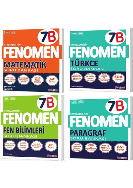 Fenomen Okul 2025 7. Sınıf Matematik + Türkçe + Fen + Paragraf B Serisi Soru Seti 4 Kitap