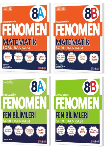 Fenomen Okul 2025 8. Sınıf Matematik + Fen Bilimleri A + B Serisi Soru Bankası Seti 4 Kitap
