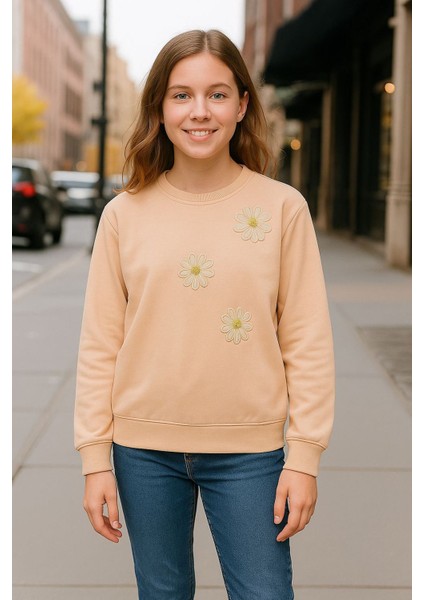 Pul Çiçek Işlemeli Kız Çocuk sweat - Krem