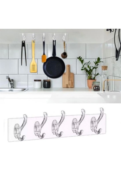 5 Li Güçlü Yapışkanlı Şeffaf Duvar Askısı Banyo Mutfak Düzenleyici Pratik Askılık (5047)