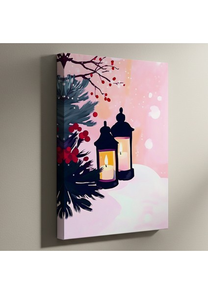 Kış Gecesi Fenerleri ve Kızıl Çilek Dalları Tablosu