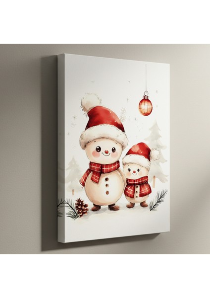 Sevimli Kar Adam Ailesi Kış Temalı Suluboya Tablosu